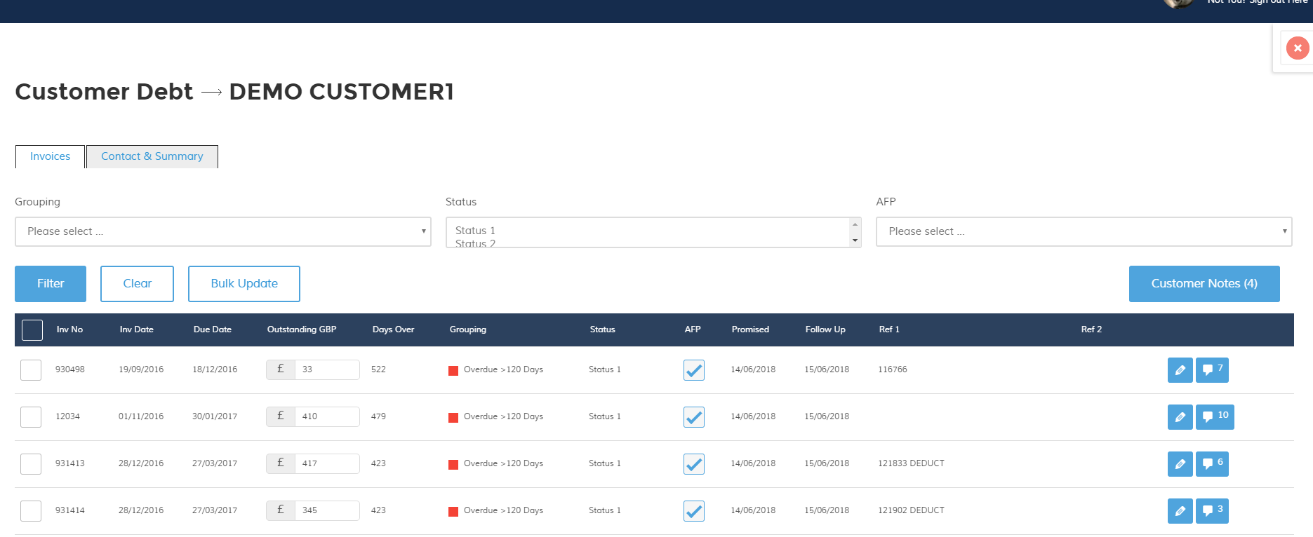 Individual debtor screen